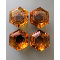 Original Victorian Hexagonal Glass Cupboard Knobs - Amber – Flat Collar Fixing - Set/4